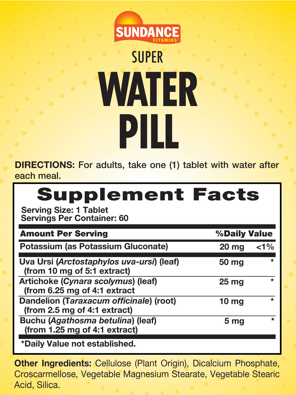 Sundance Water Pills close-up of potassium gluconate per tablet for balance.
