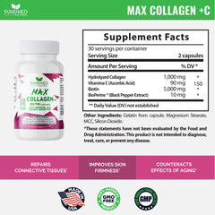 Sundhed Natural Max Collagen Plus C bottle label highlighting Biotin content for hair and nails.