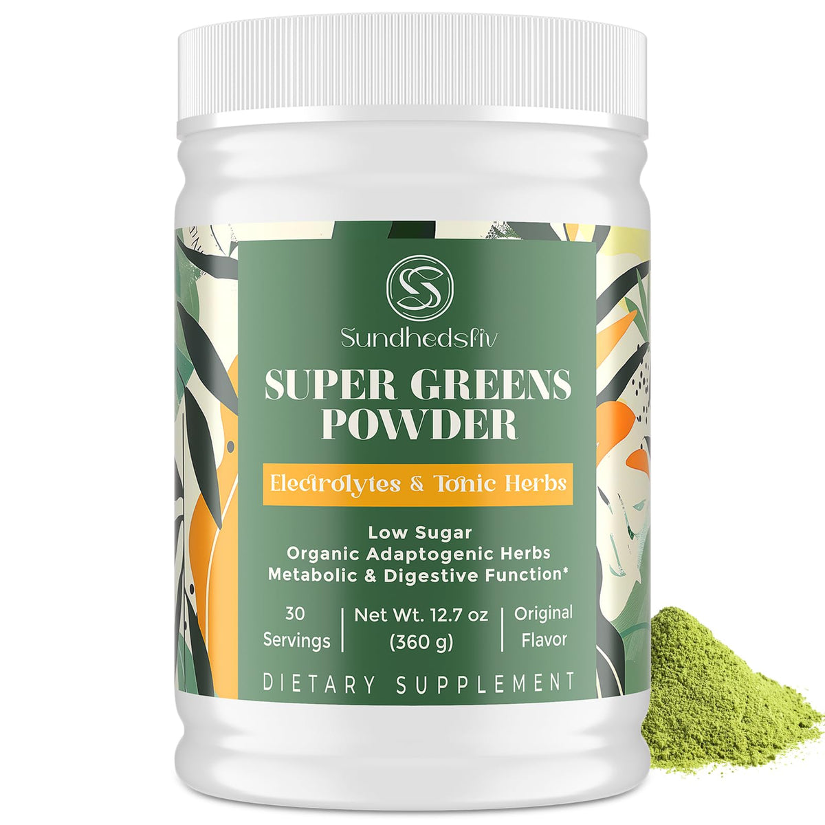 Sundhedsliv Super Greens bottle pour highlighting daily energy and hydration potential.