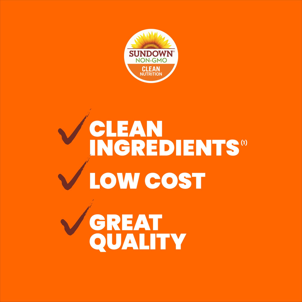 Sundown nutrition facts panel indicates serving size and ingredients.