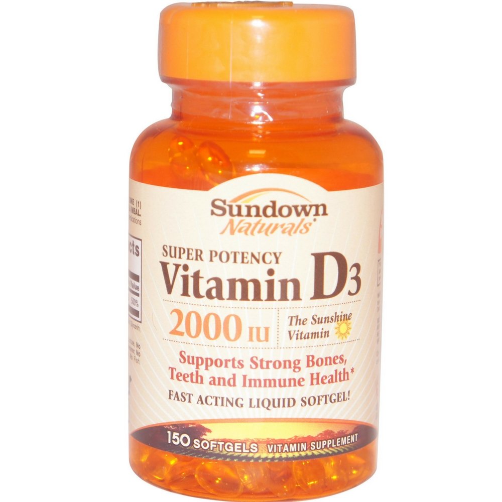 Sundown Vitamin D-2000 IU softgels bottle close-up for bone and immune health