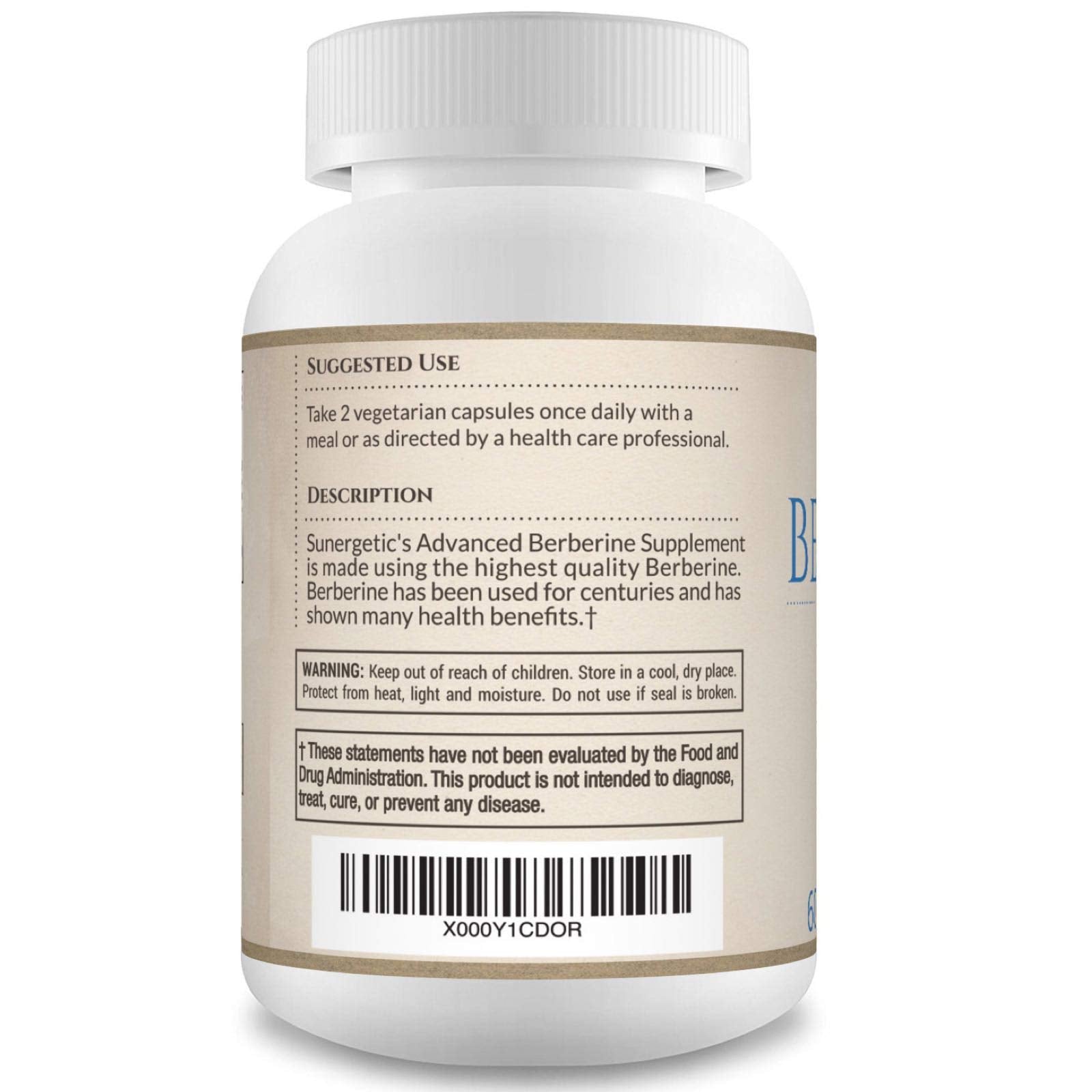 Sunergetic berberine bottle label highlighting premium Berberis aristata source.