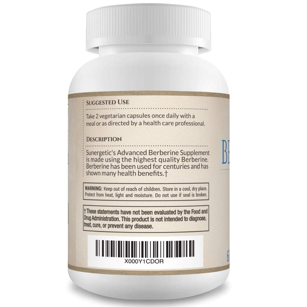 Sunergetic berberine bottle label highlighting premium Berberis aristata source.