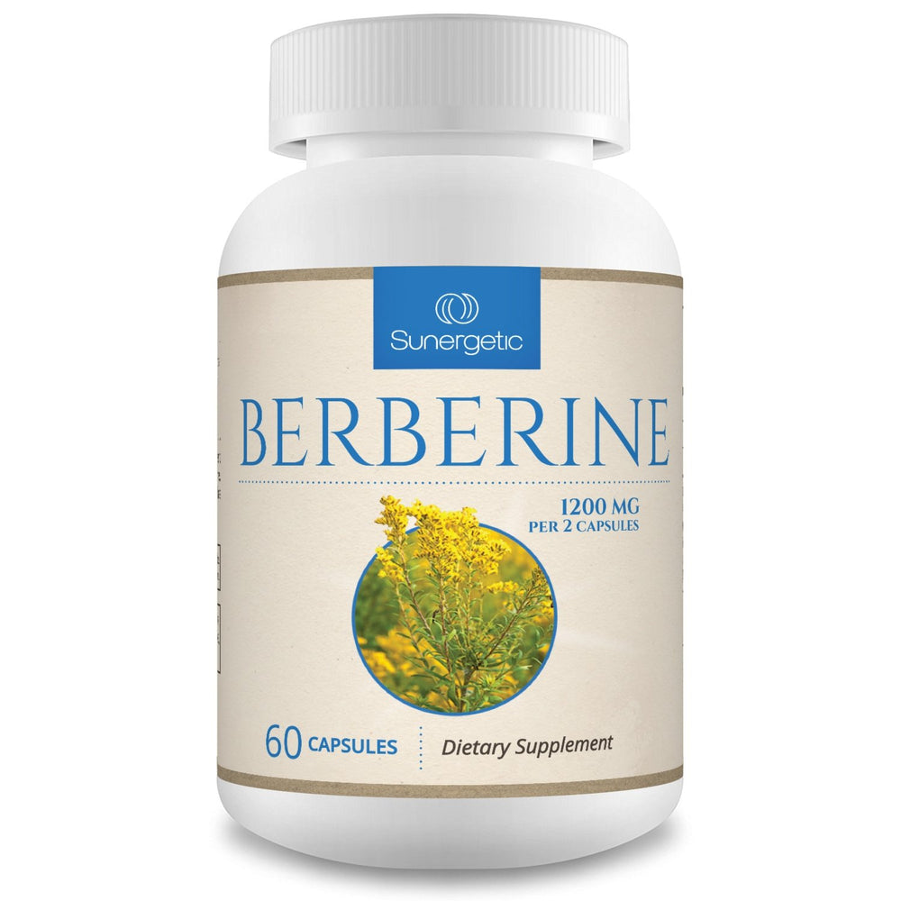 Sunergetic berberine capsules bottle on a counter, supporting daily wellness and immune health.