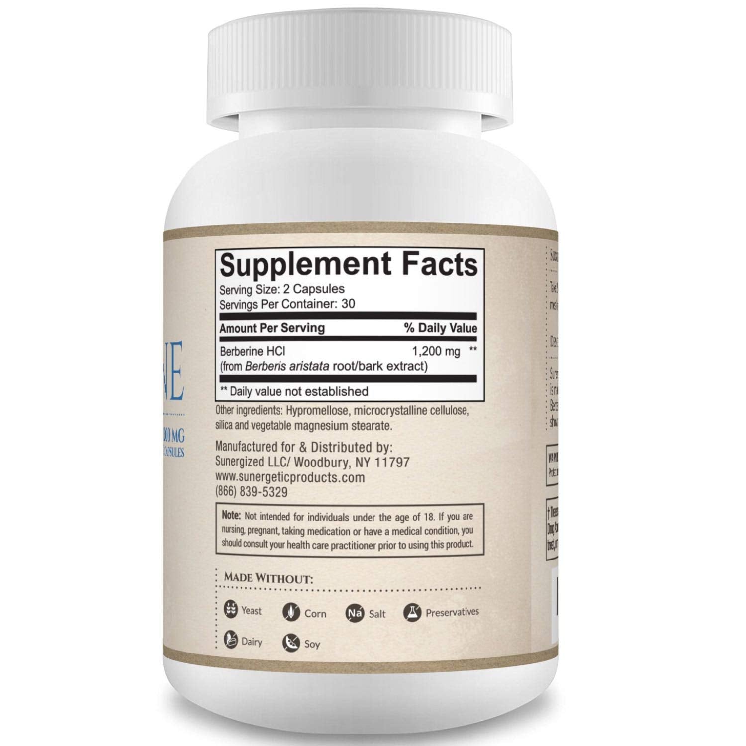 Sunergetic berberine capsules closeup, 600 mg per capsule for potential metabolic balance.
