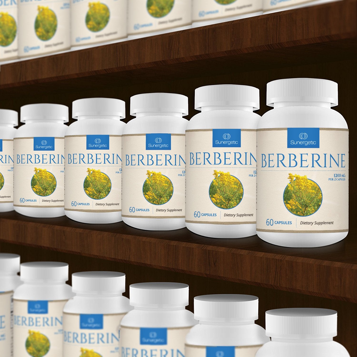 Sunergetic berberine daily use image, easy-to-swallow vegetarian capsules.