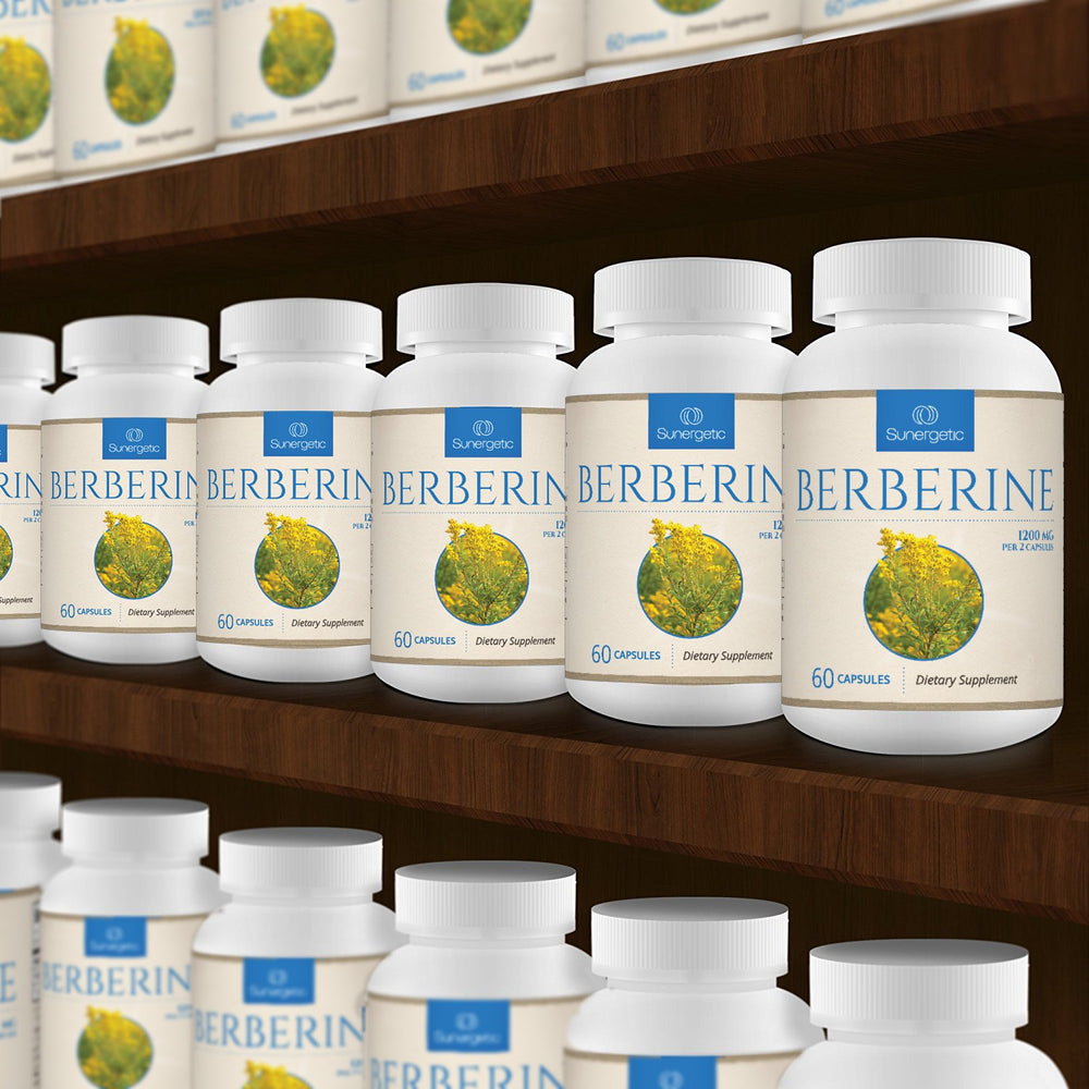 Sunergetic berberine daily use image, easy-to-swallow vegetarian capsules.
