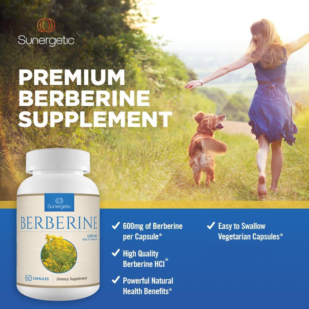 Sunergetic berberine packaging display on shelf, non-GMO and gluten-free.