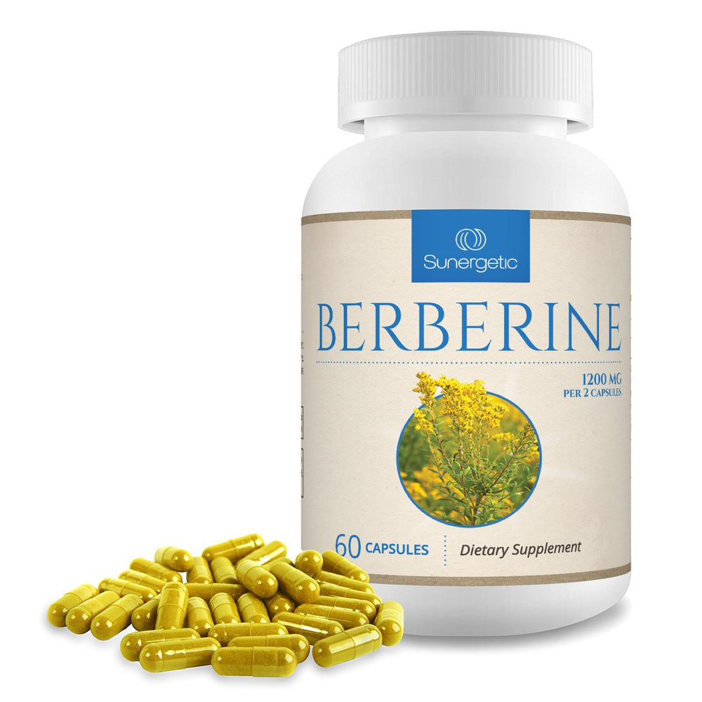 Sunergetic berberine pill visual, 60-capsule supply for ongoing routines.