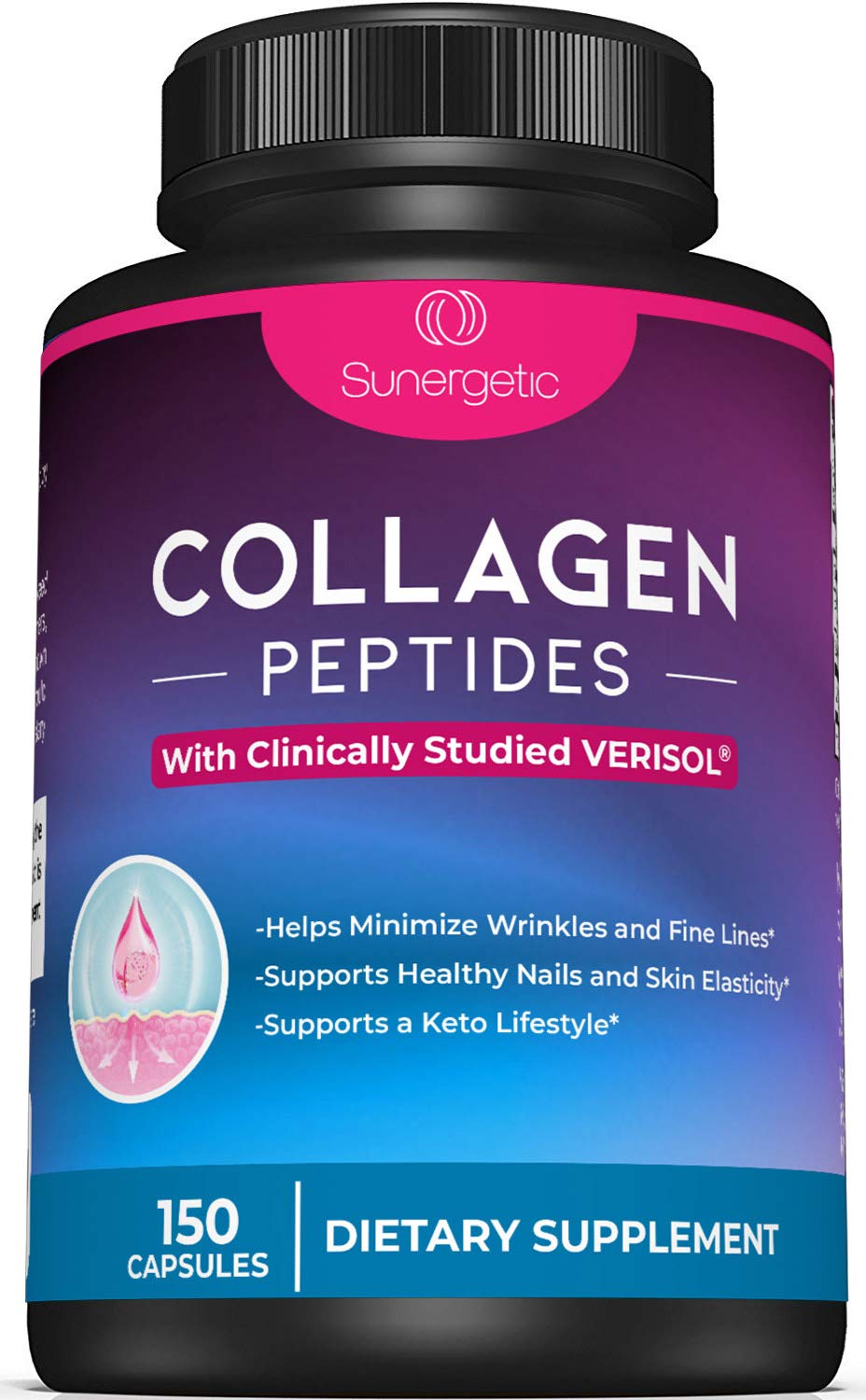 Sunergetic collagen capsules bottle front for daily joint and skin support.