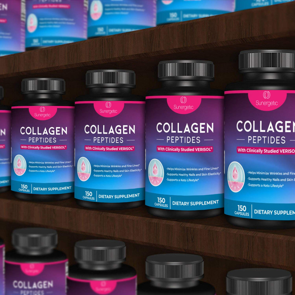 Keto-friendly Sunergetic collagen capsules packaging for low-carb routines.