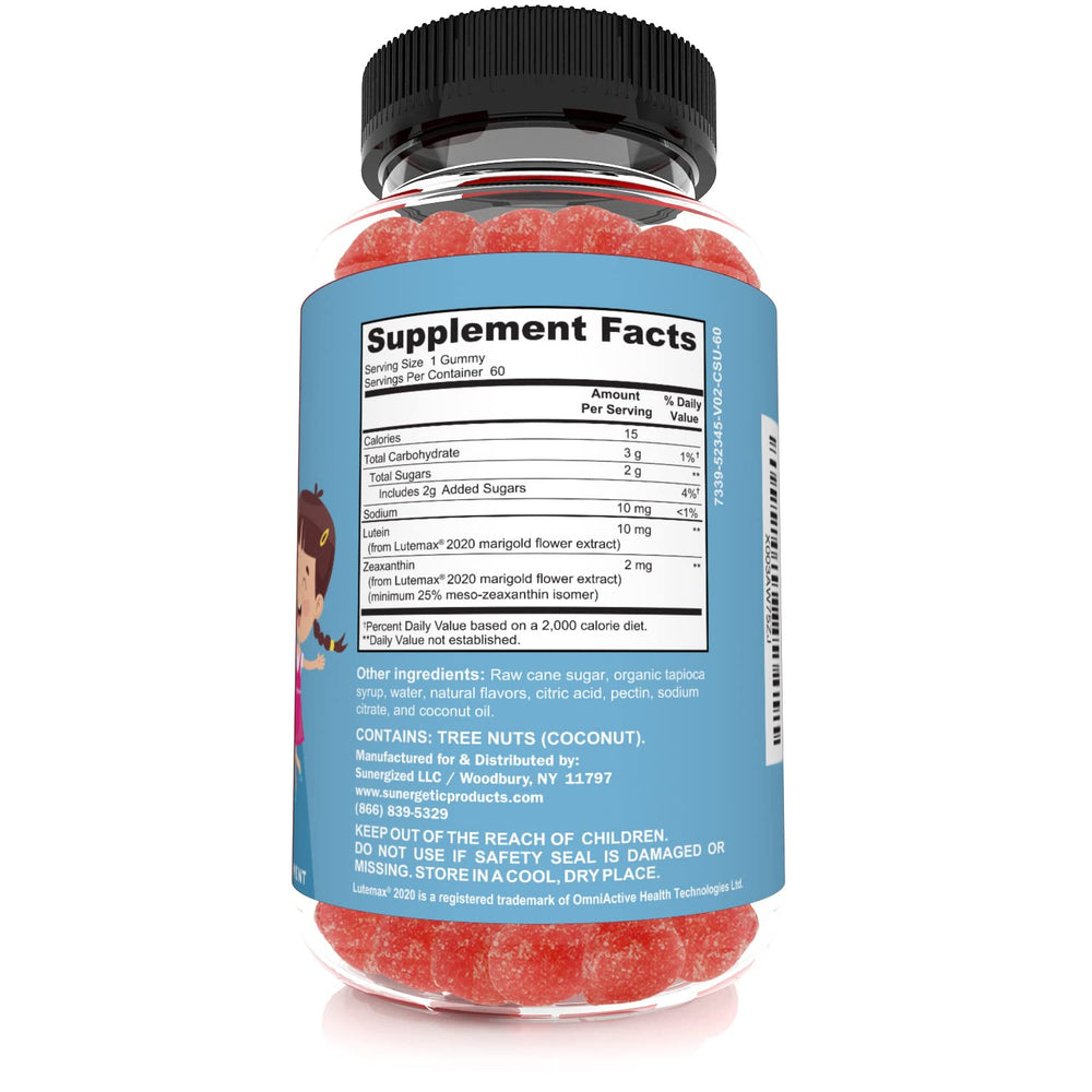 Sunergetic Eye Support Gummies kids mango flavor close-up highlights kid-friendly chewable sensory appeal.