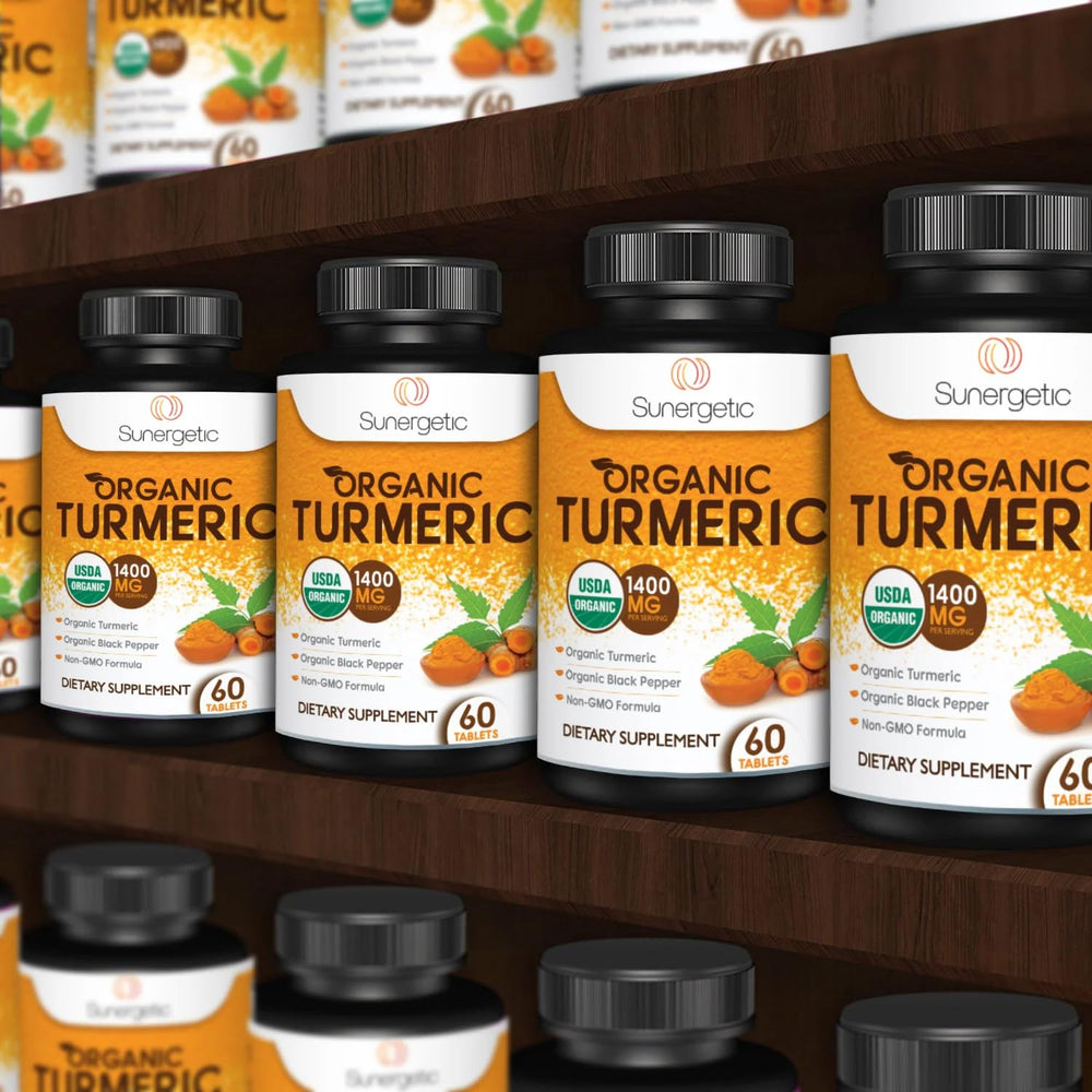 Sunergetic turmeric bottle label featuring USDA Organic certification.