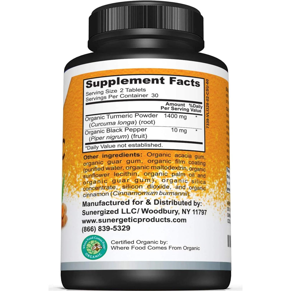 Sunergetic turmeric powder close-up highlights vibrant organic turmeric root and color.