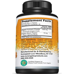 Sunergetic turmeric powder close-up highlights vibrant organic turmeric root and color.