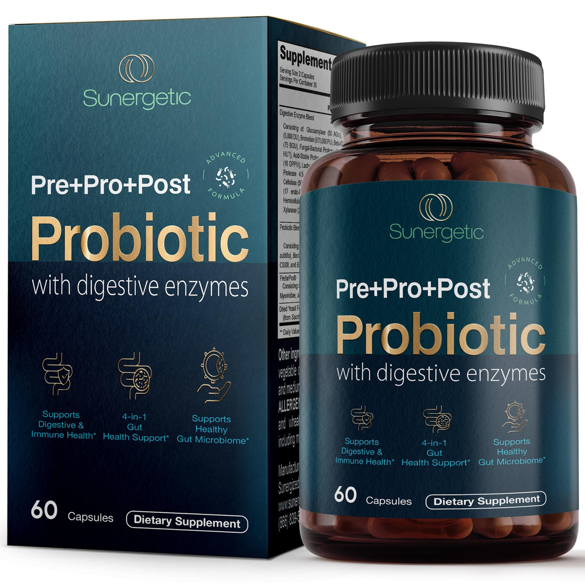 Sunergetic Premium 4-in-1 probiotic bottle for daily gut support