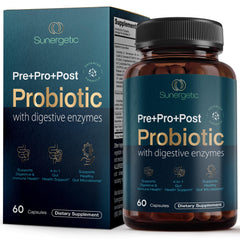 Sunergetic Premium 4-in-1 probiotic bottle for daily gut support