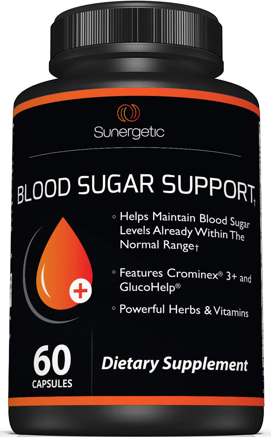 Sunergetic Premium Blood Sugar bottle pour demonstrates easy daily dosing for balanced levels