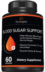 Sunergetic Premium Blood Sugar bottle pour demonstrates easy daily dosing for balanced levels