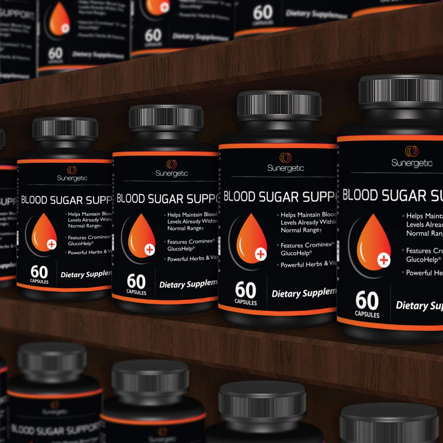 Sunergetic Premium Blood Sugar bottle view emphasizes portability and storage