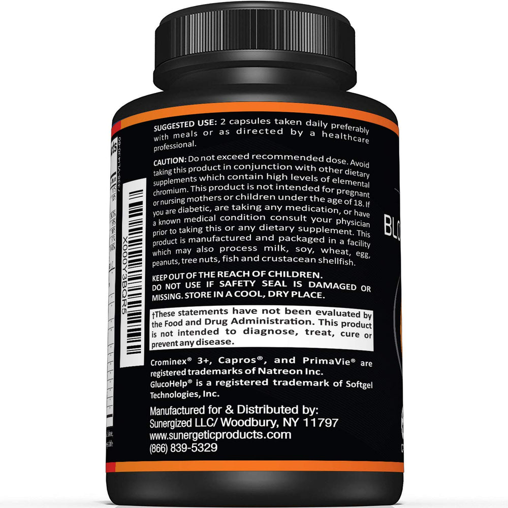 Sunergetic Premium Blood Sugar ingredients blend showcases bitter melon and minerals