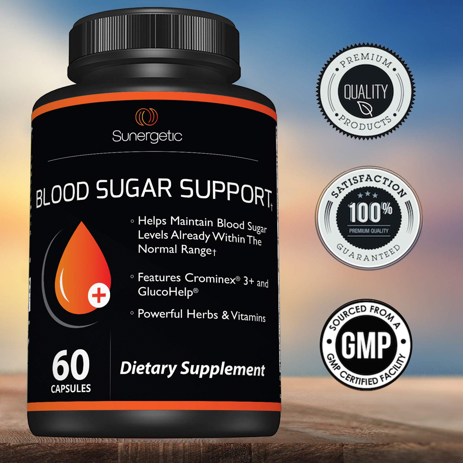 Sunergetic Premium Blood Sugar packaging presentation suggests value and freshness