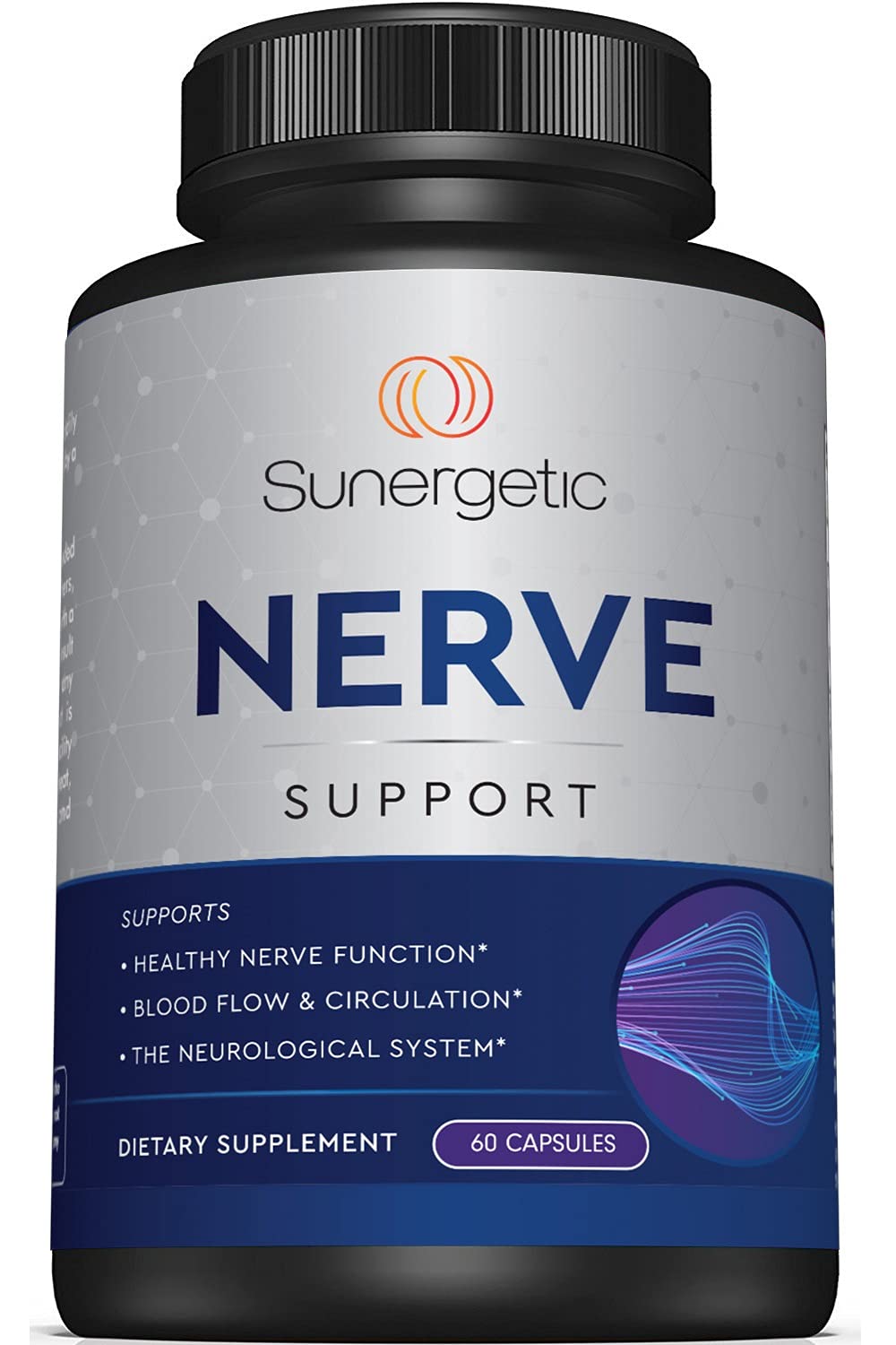 Sunergetic Premium Nerve Support bottle on a kitchen counter supports daily nerve comfort.
