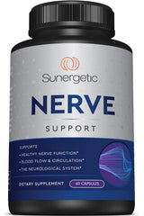 Sunergetic Premium Nerve Support bottle on a kitchen counter supports daily nerve comfort.