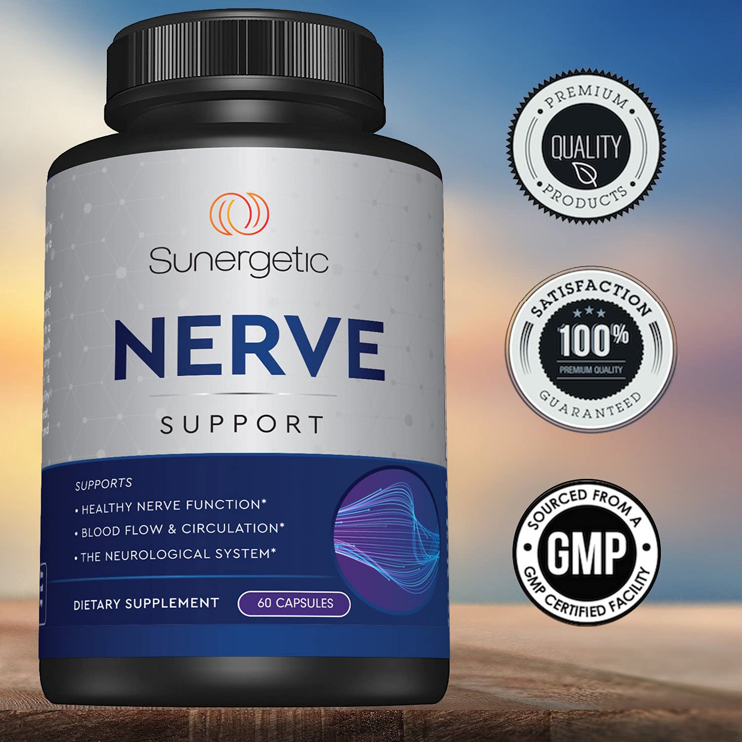 Sunergetic Premium Nerve Support label emphasizes USA manufacturing and quality.