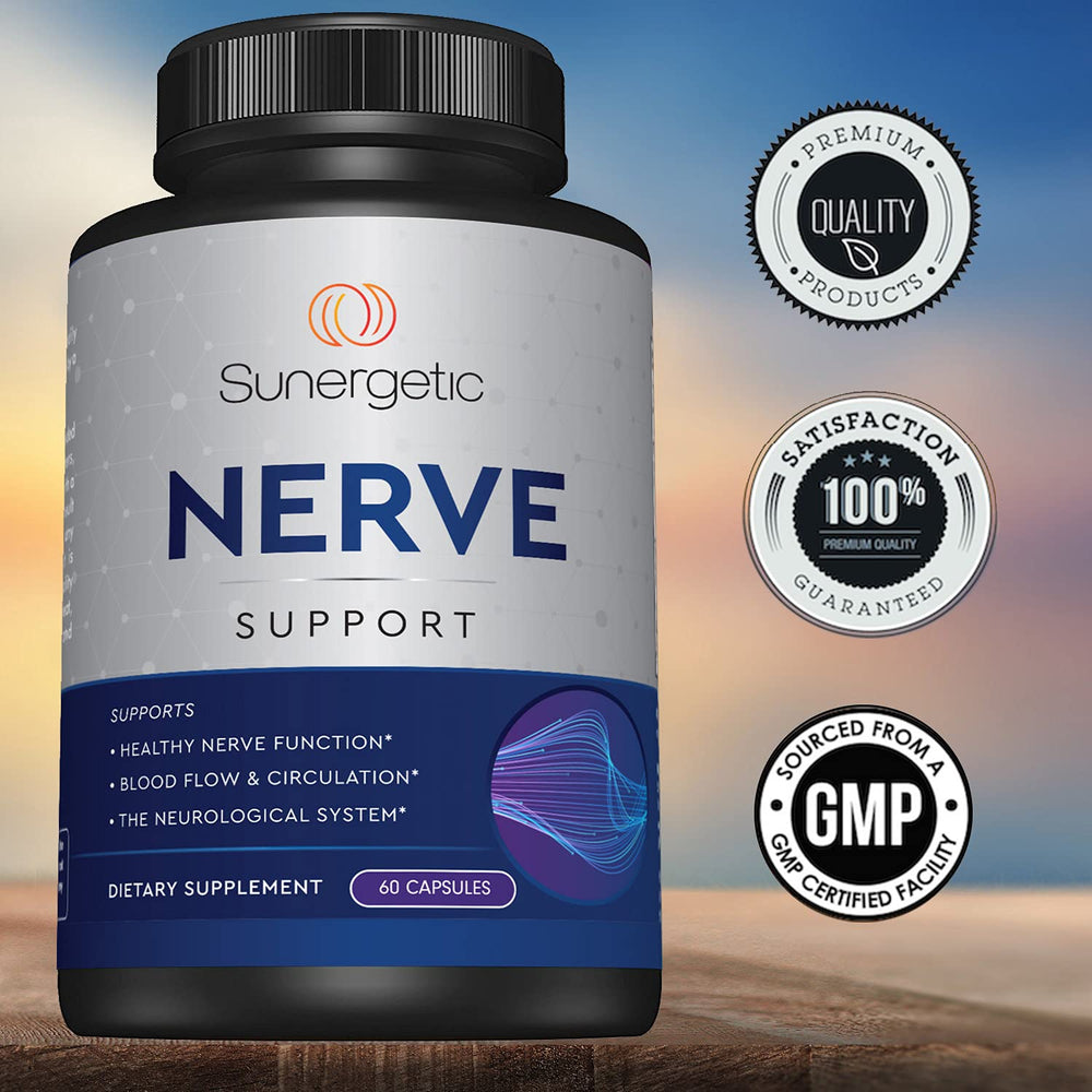 Sunergetic Premium Nerve Support label emphasizes USA manufacturing and quality.