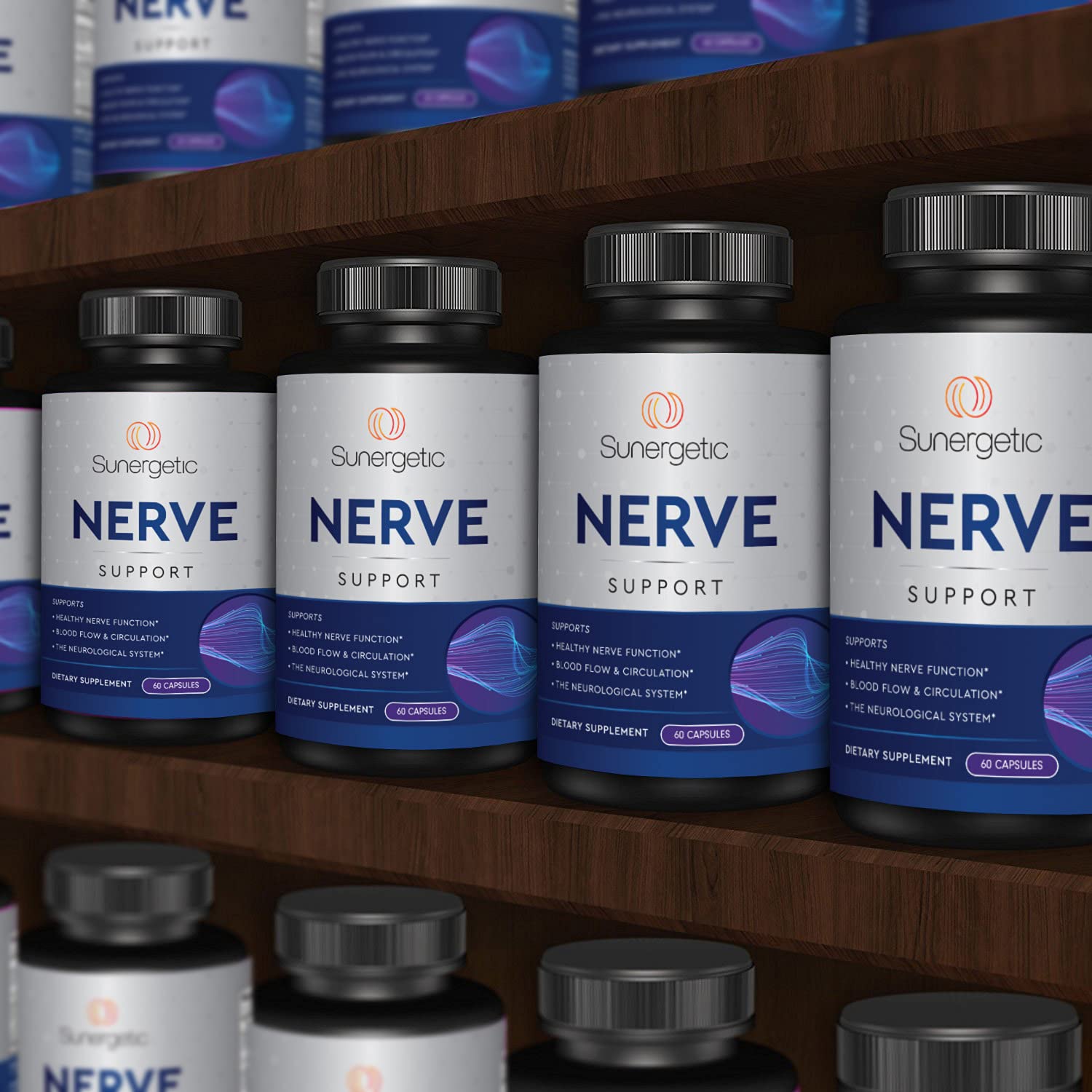 Sunergetic Premium Nerve Support packaging on shelf signals quality.