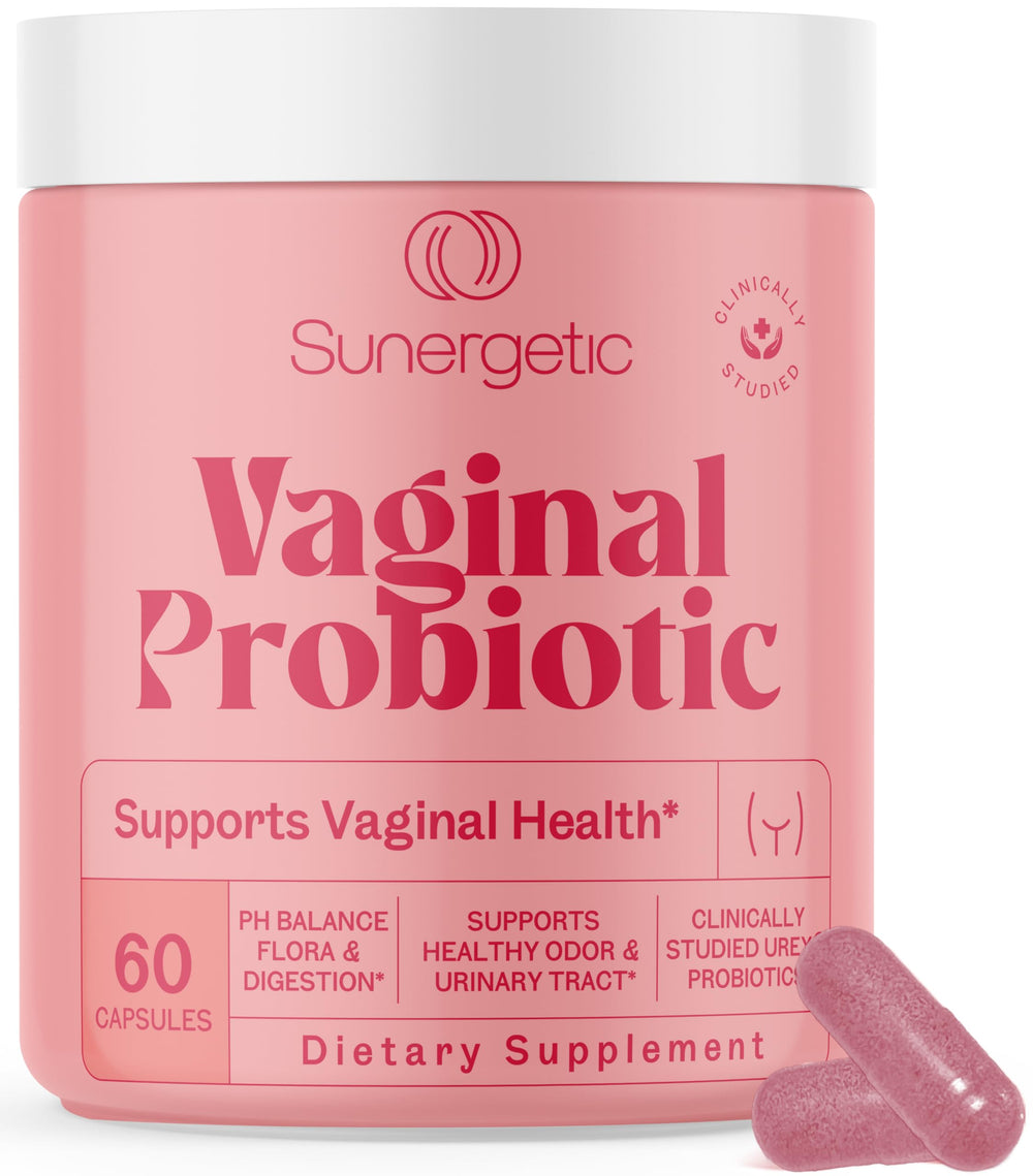 Sunergetic premium vaginal probiotics bottle with capsules for daily feminine health support.