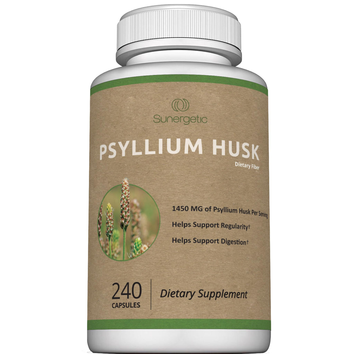 Sunergetic psyllium husk capsules bottle showing convenient fiber for daily digestion.