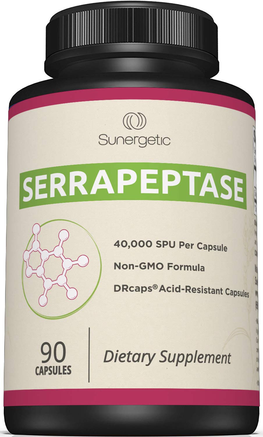 Sunergetic Serrapeptase bottle front highlights a high-potency enzyme for daily support.