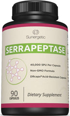 Sunergetic Serrapeptase bottle front highlights a high-potency enzyme for daily support.