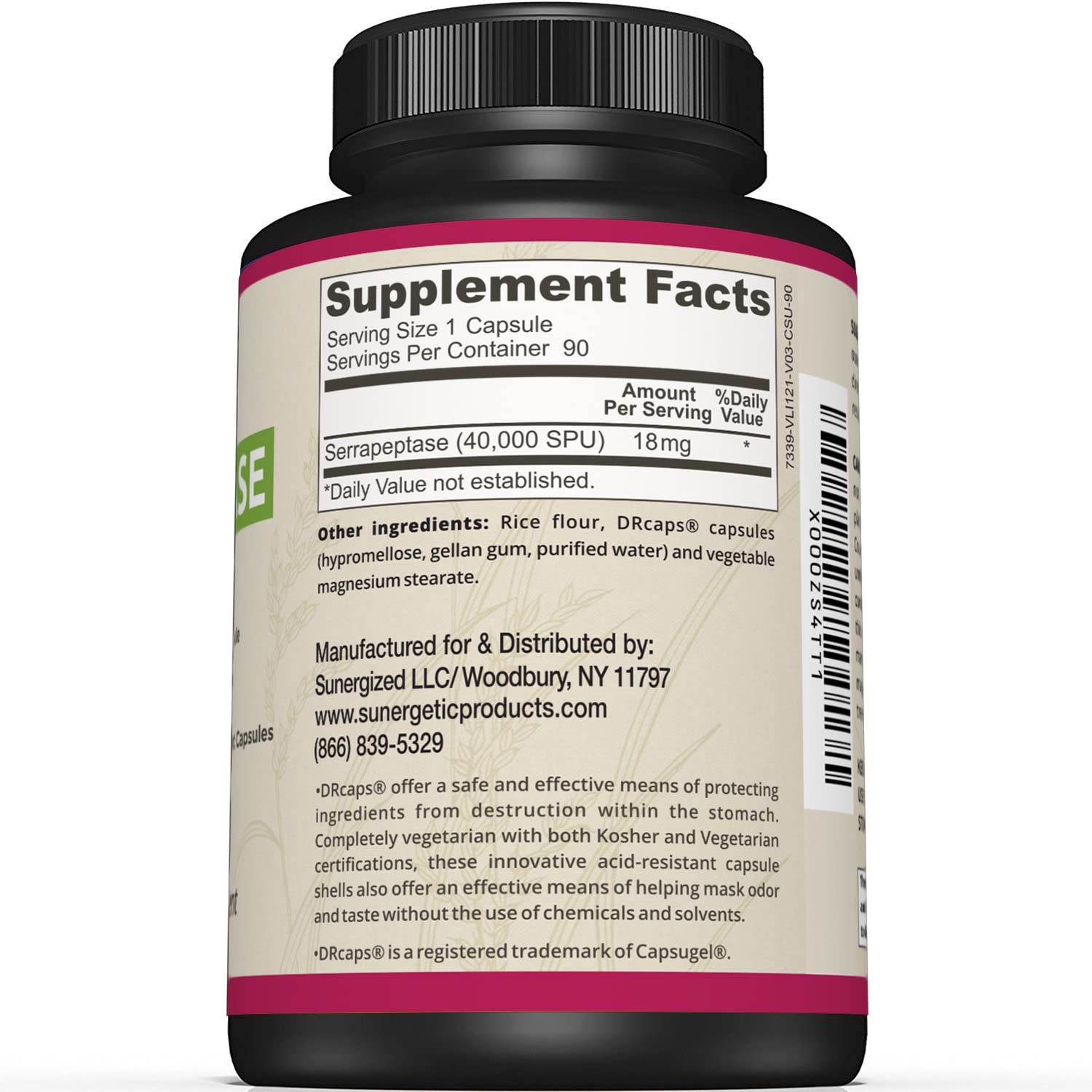 Sunergetic Serrapeptase capsules close-up shows 40,000 SPU potency for enzyme support.