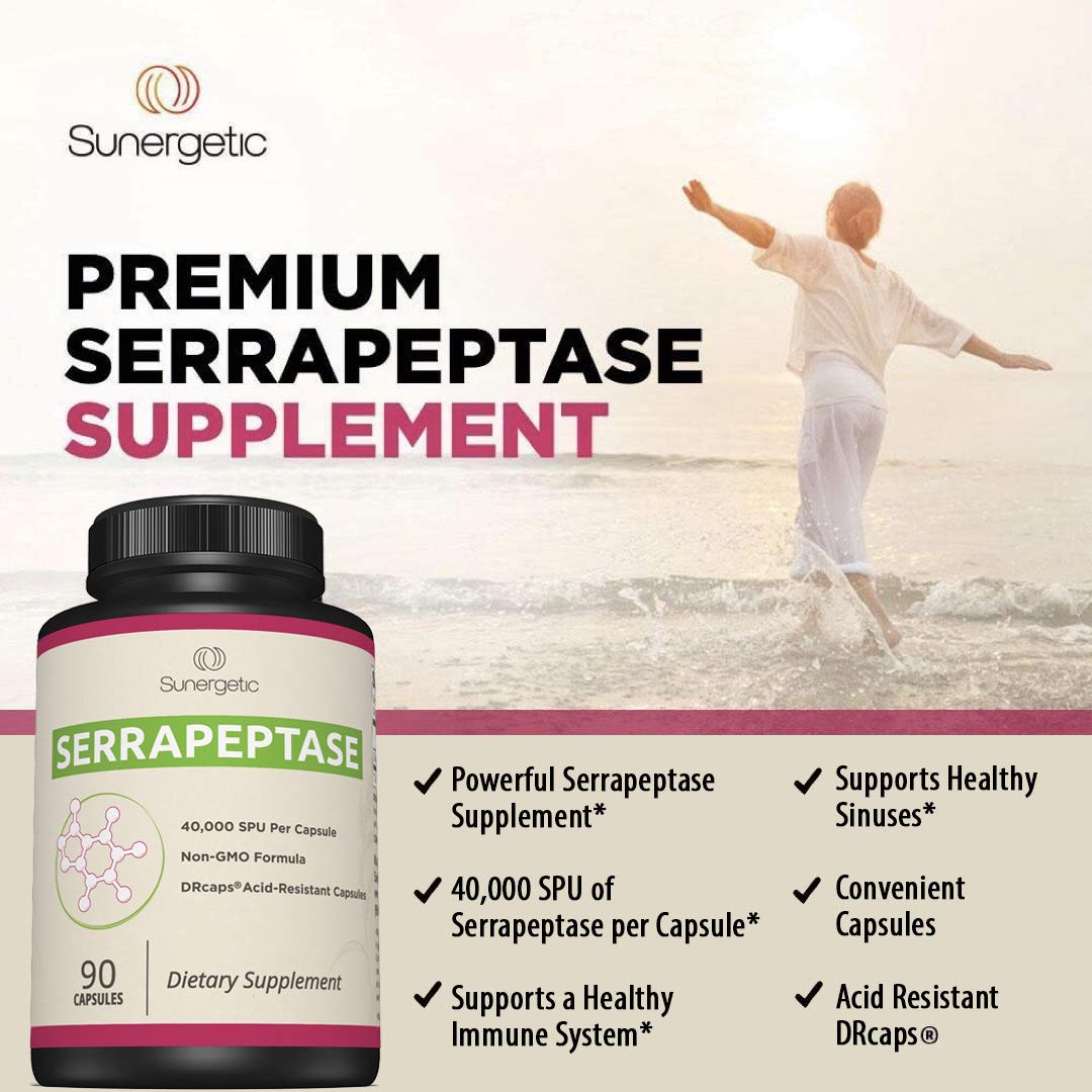Sunergetic Serrapeptase label image highlights dose and purity for shoppers.