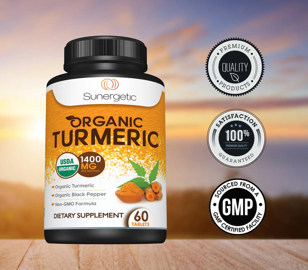 Sunergetic turmeric root slices displayed in a clean, natural setup.