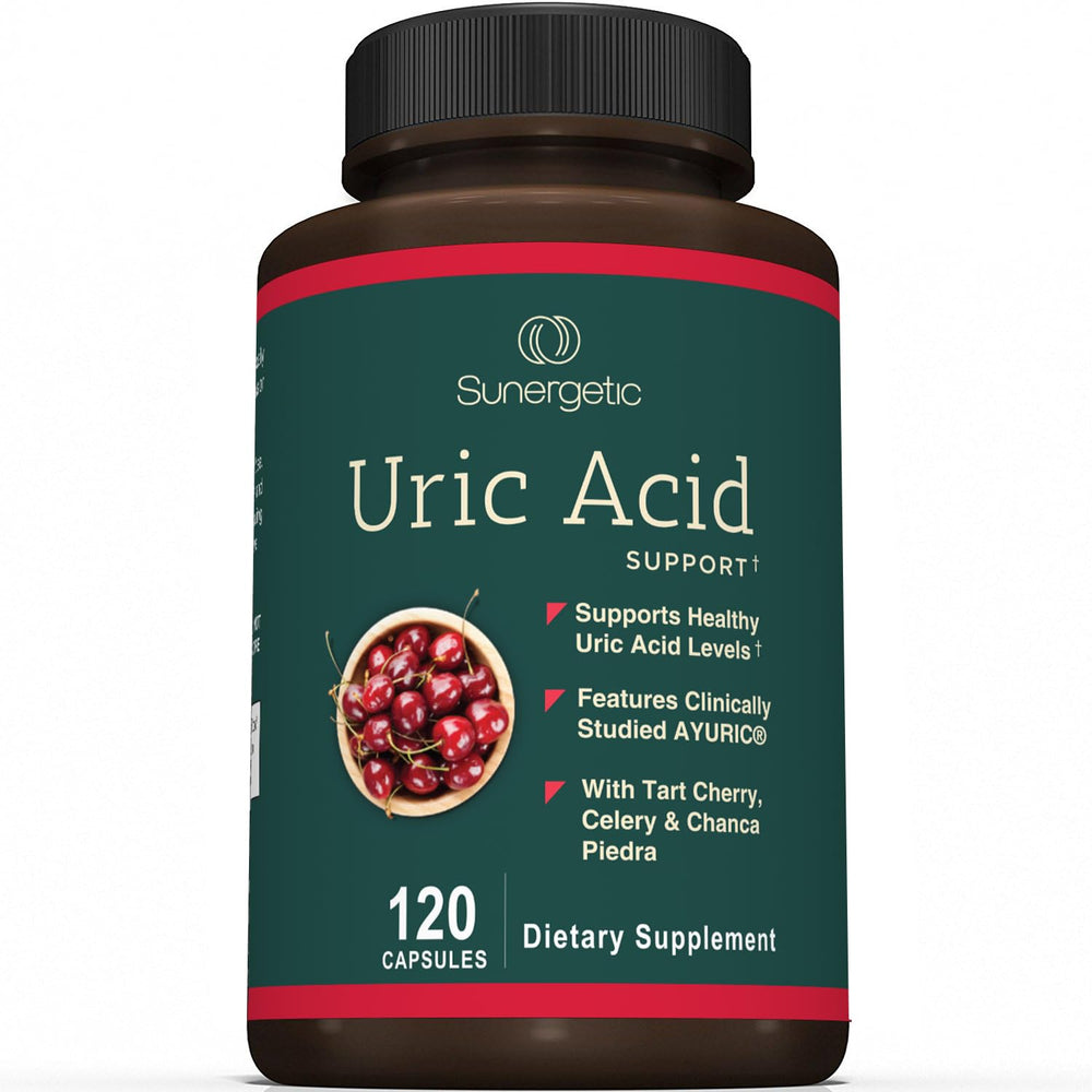 Sunergetic Uric Acid Cleanse Capsules in bottle support daily balance