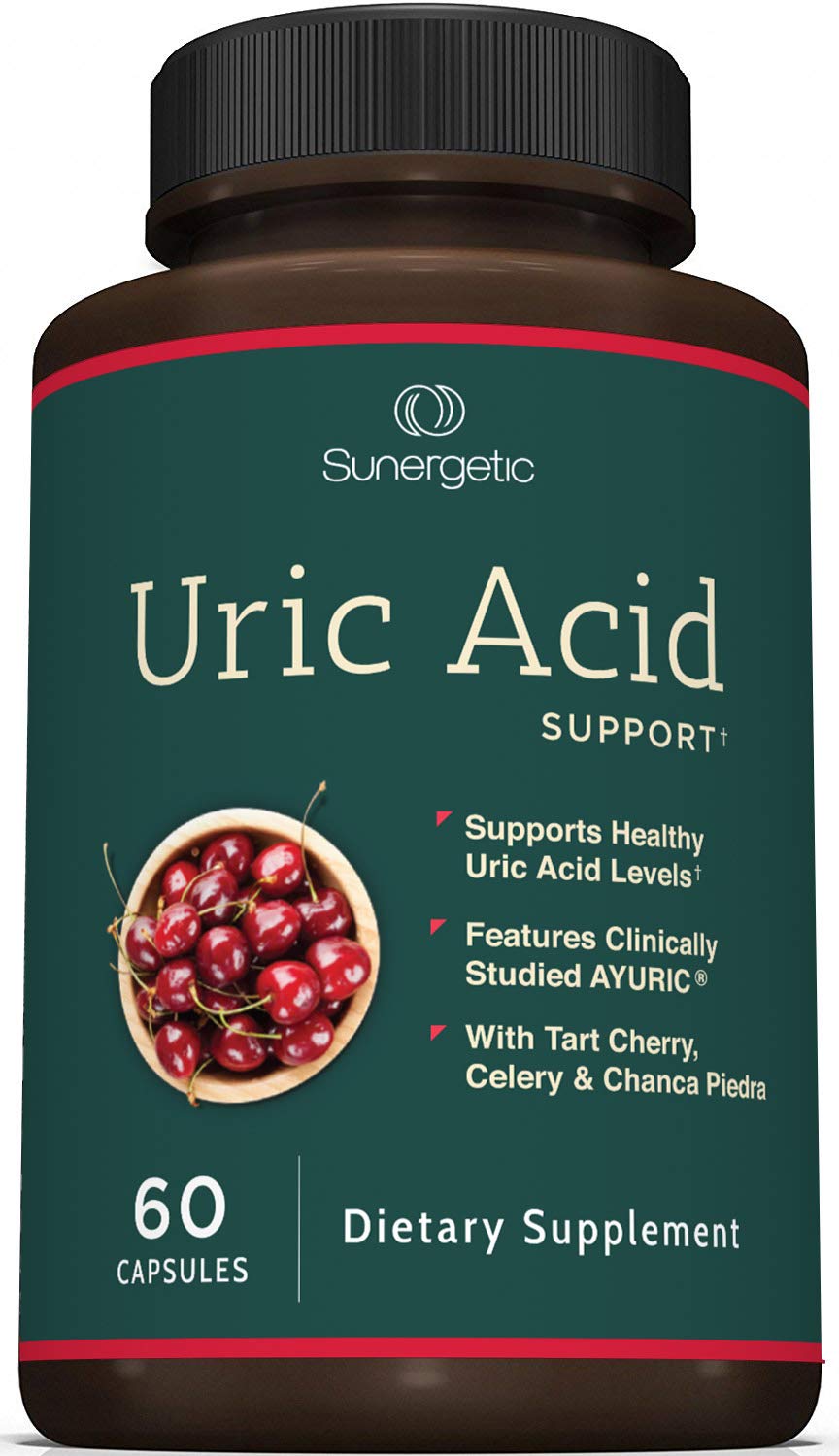 Sunergetic Uric Acid Support bottle front view, convenient daily supplement for daily wellness.