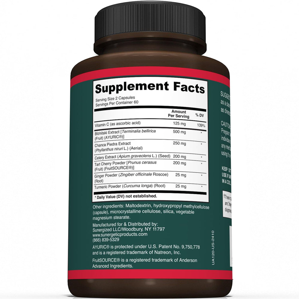 Sunergetic Uric Acid Support bottle front view for wellness routine