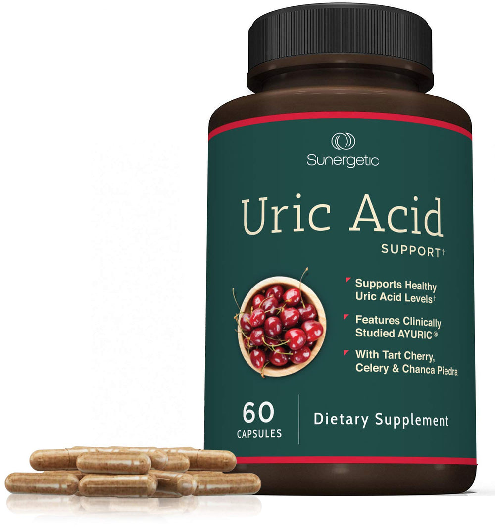 Sunergetic Uric Acid Support bottle on kitchen counter, fits a daily routine.