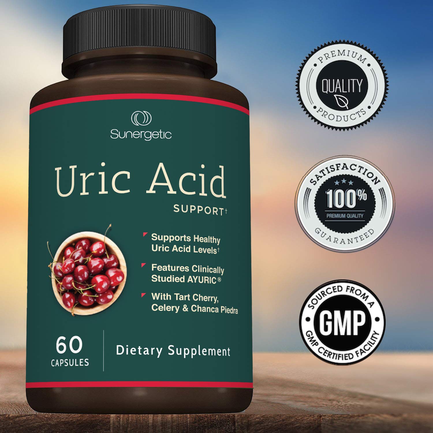 Sunergetic Uric Acid Support herbal blend jars on counter, natural wellness ingredients.