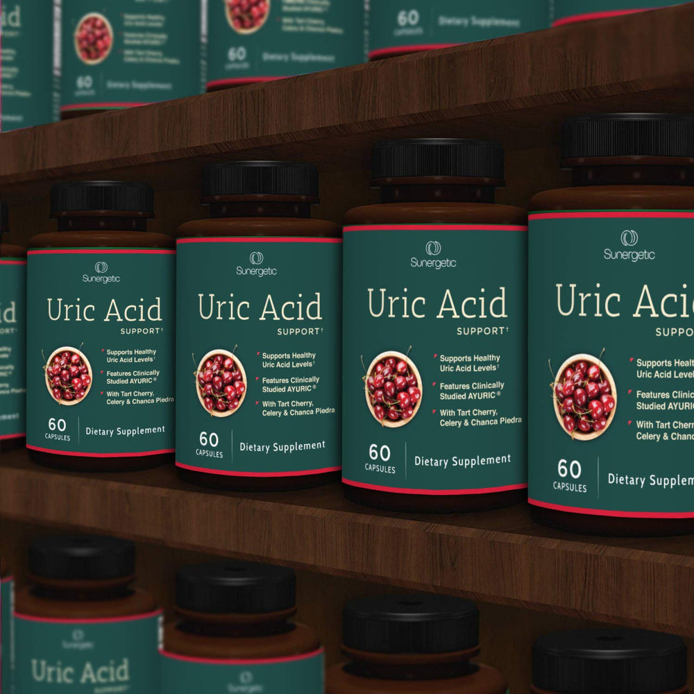 Sunergetic Uric Acid Support packaging and capsules, ready for your daily regimen.