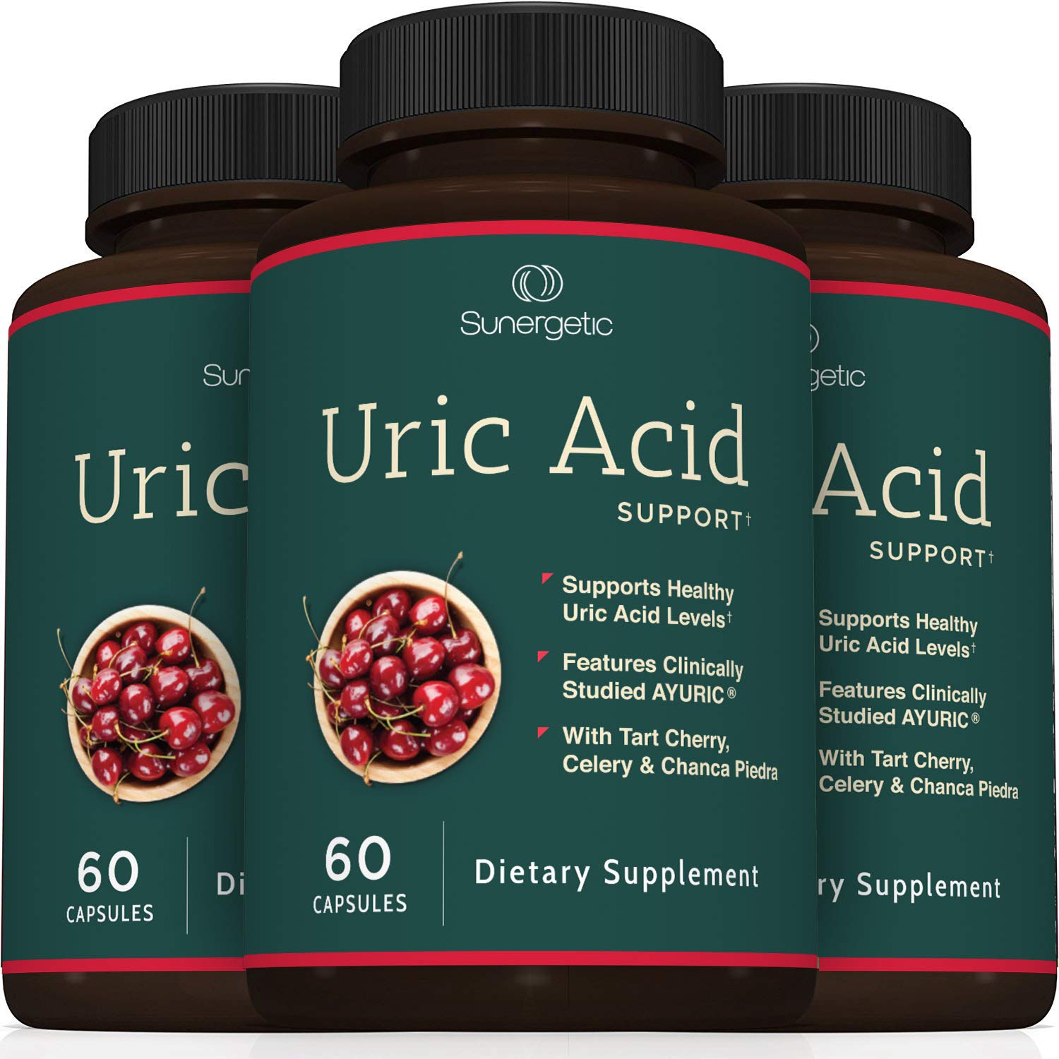 Sunergetic Uric Acid Support label close-up with 60 capsules shown.