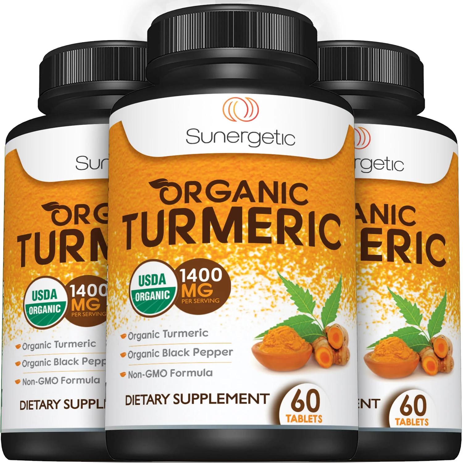 Sunergetic product seal emphasizes certified organic quality and GMP manufacturing.
