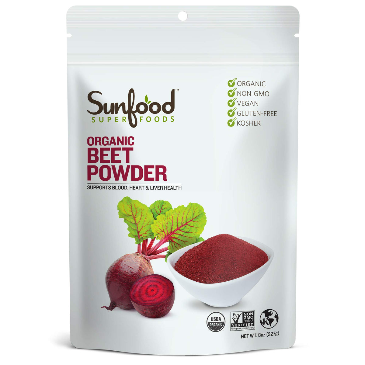 Sunfood beet root powder bottle pour shows vibrant color for smoothies