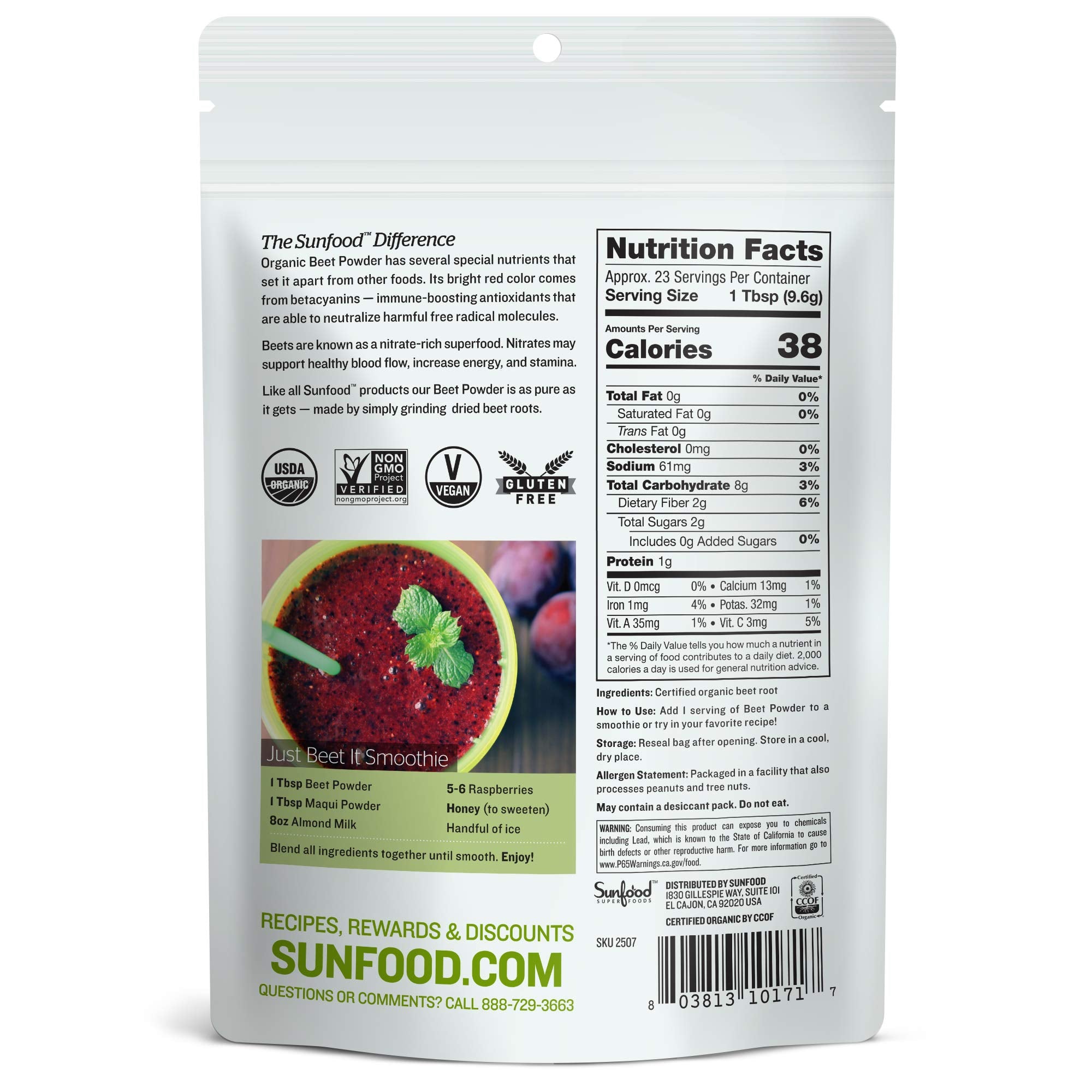 Sunfood beet root powder jar label highlights organic certification