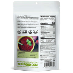 Sunfood beet root powder jar label highlights organic certification