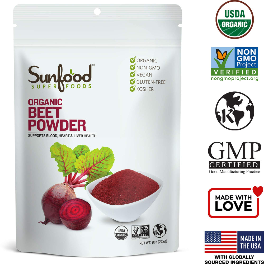 Sunfood beet root powder scoop reveals fine texture ready to mix